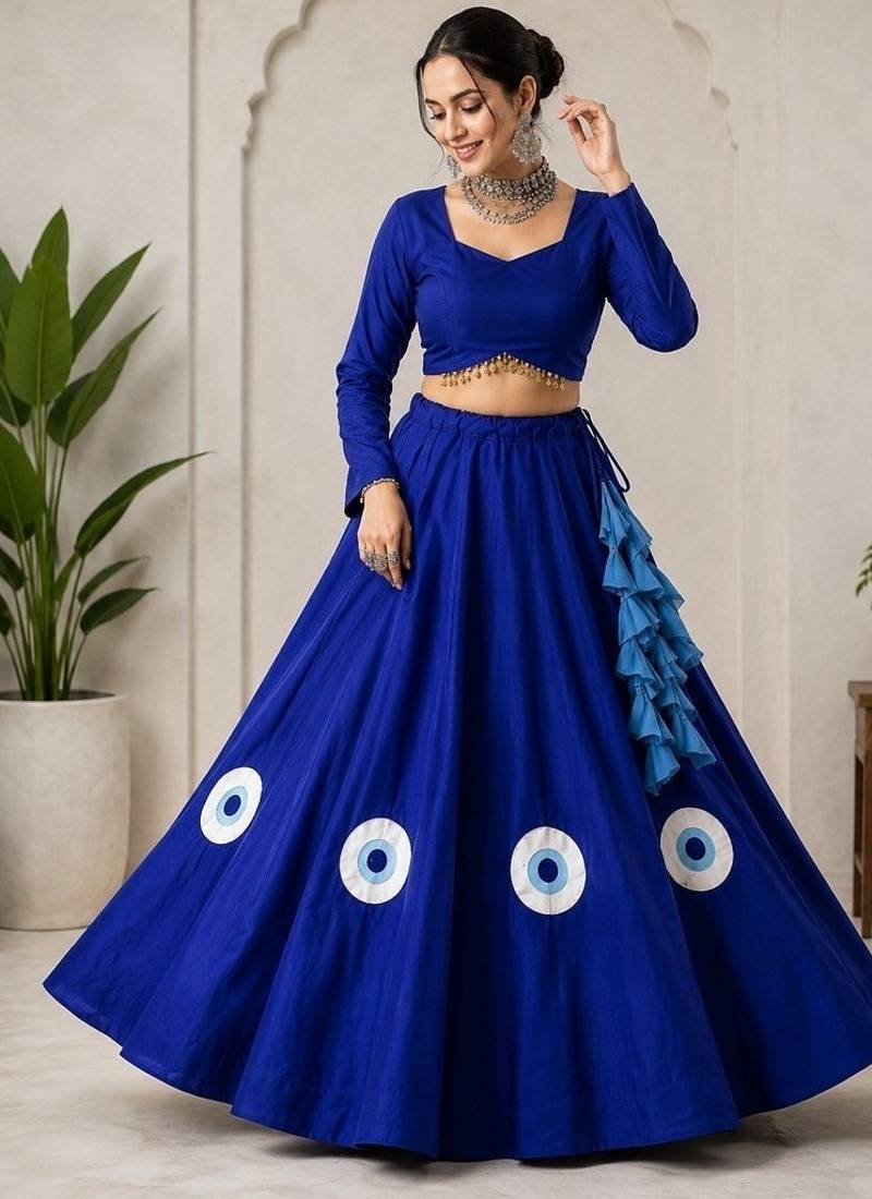 royal blue cotton embroidered patch work ghagra choli