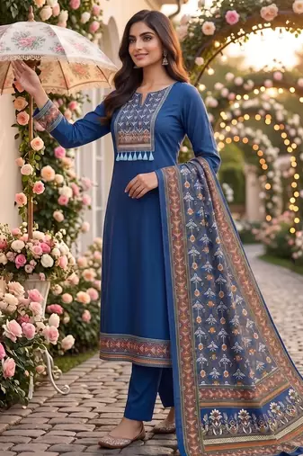 women's blue unstitched reyon cotton dress material with printed dupatta