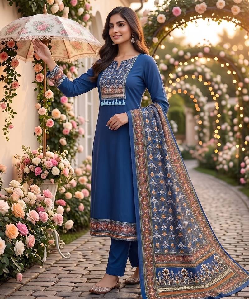 women's blue unstitched reyon cotton dress material with printed dupatta