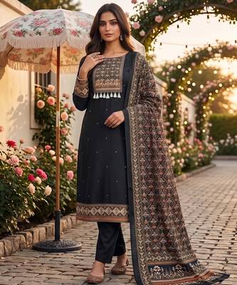 women's black unstitched reyon cotton dress material with printed dupatta 2