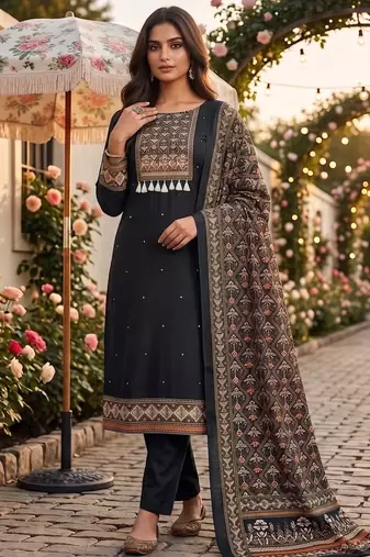women's black unstitched reyon cotton dress material with printed dupatta