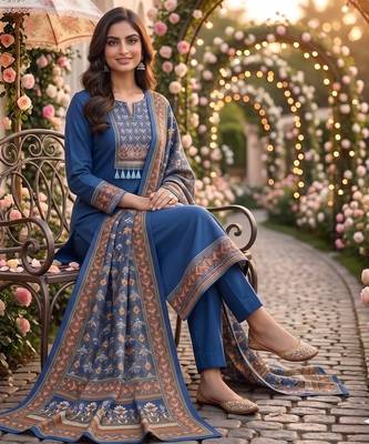 women's blue unstitched reyon cotton dress material with printed dupatta 3