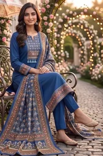 women's blue unstitched reyon cotton dress material with printed dupatta