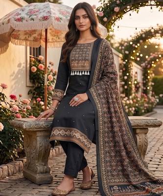women's black unstitched reyon cotton dress material with printed dupatta 3