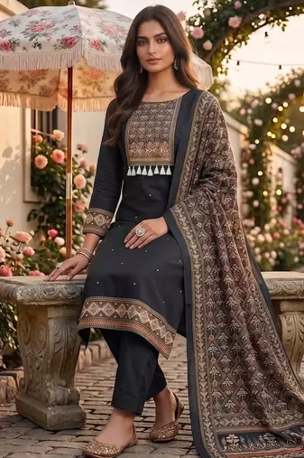women's black unstitched reyon cotton dress material with printed dupatta