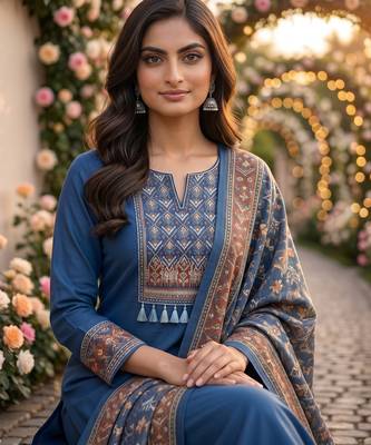 women's blue unstitched reyon cotton dress material with printed dupatta 4