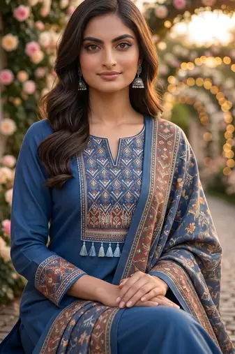 women's blue unstitched reyon cotton dress material with printed dupatta