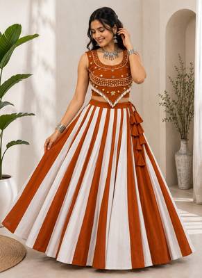 orange cotton embroidered mirror work ghagra choli 1