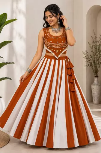 orange cotton embroidered mirror work ghagra choli