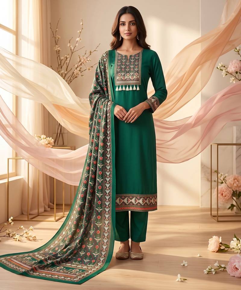 women's green unstitched reyon cotton dress material with printed dupatta