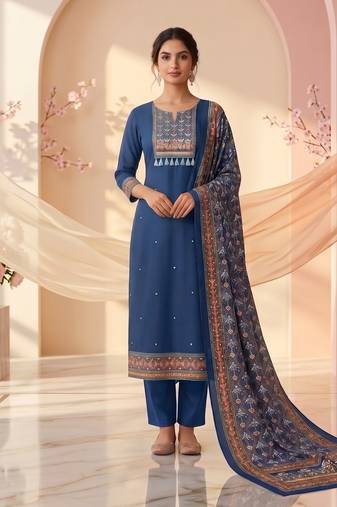 women's blue unstitched reyon cotton dress material with printed dupatta