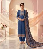 women's blue unstitched reyon cotton dress material with printed dupatta