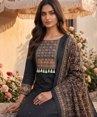 women's black unstitched reyon cotton dress material with printed dupatta 4