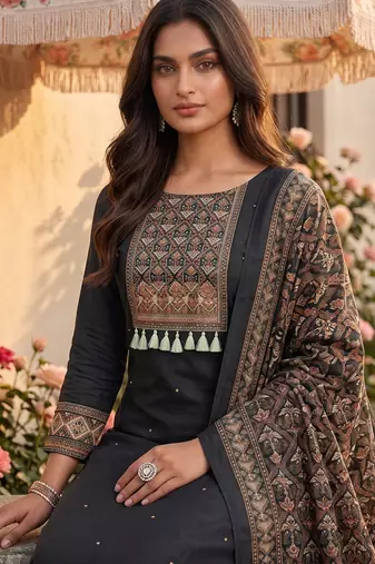 women's black unstitched reyon cotton dress material with printed dupatta