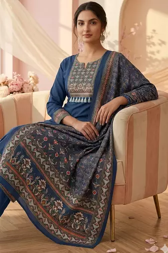 women's blue unstitched reyon cotton dress material with printed dupatta