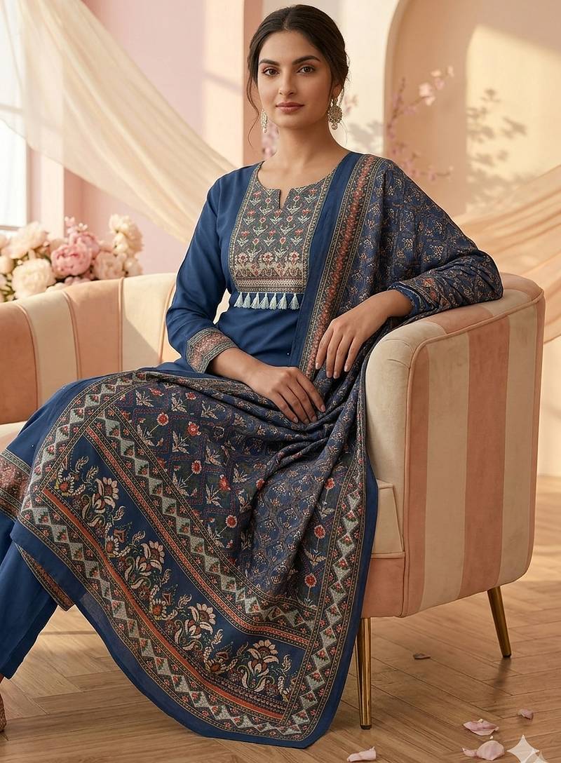 women's blue unstitched reyon cotton dress material with printed dupatta