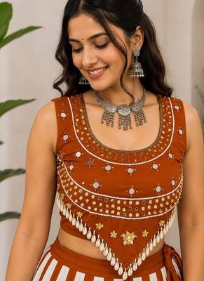 orange cotton embroidered mirror work ghagra choli 3