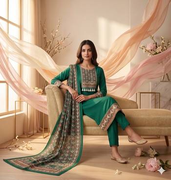 women's green unstitched reyon cotton dress material with printed dupatta 4
