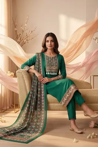 women's green unstitched reyon cotton dress material with printed dupatta