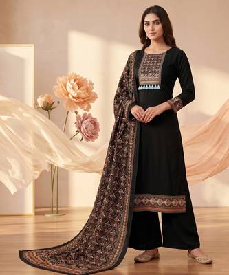 women's black unstitched reyon cotton dress material with printed dupatta 1