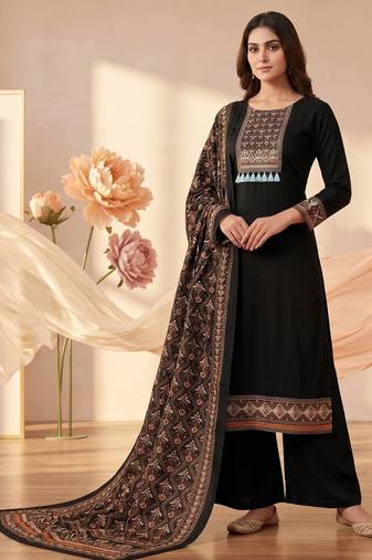 women's black unstitched reyon cotton dress material with printed dupatta