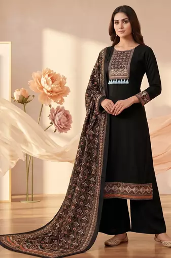 women's black unstitched reyon cotton dress material with printed dupatta