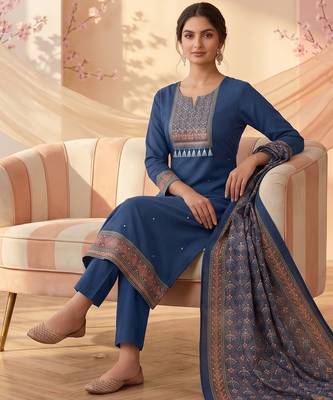 women's blue unstitched reyon cotton dress material with printed dupatta 4