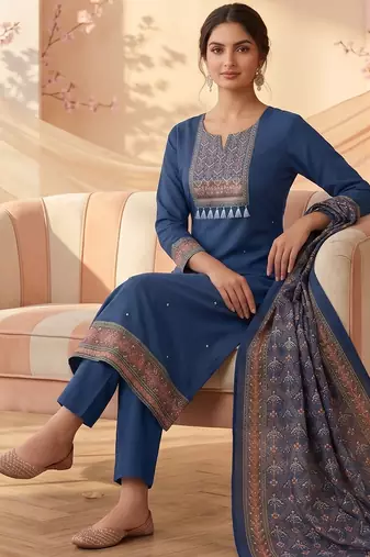 women's blue unstitched reyon cotton dress material with printed dupatta