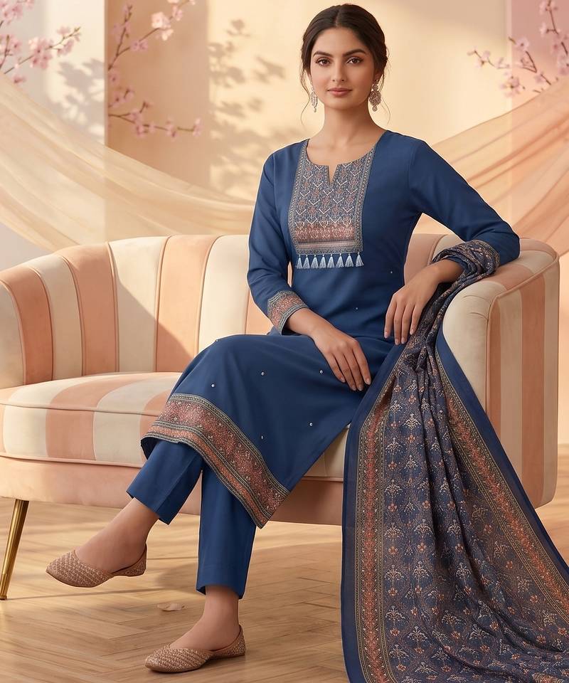 women's blue unstitched reyon cotton dress material with printed dupatta