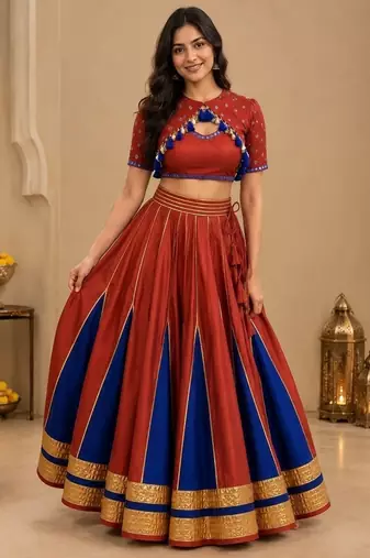 red silk blend embroidered zari work ghagra choli