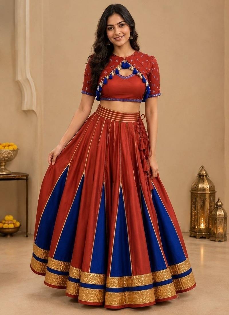 red silk blend embroidered zari work ghagra choli