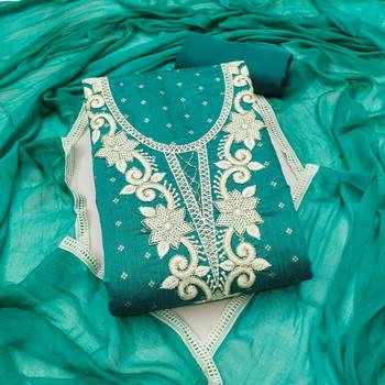 women's sea green unstitched butti cotton dress material with fancy border dupatta 2