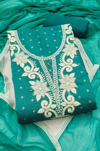 women's sea green unstitched butti cotton dress material with fancy border dupatta