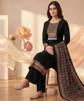 women's black unstitched reyon cotton dress material with printed dupatta 2