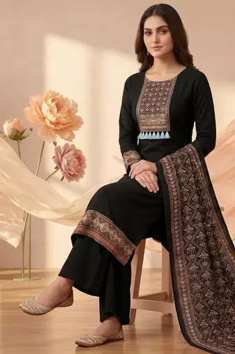 women's black unstitched reyon cotton dress material with printed dupatta