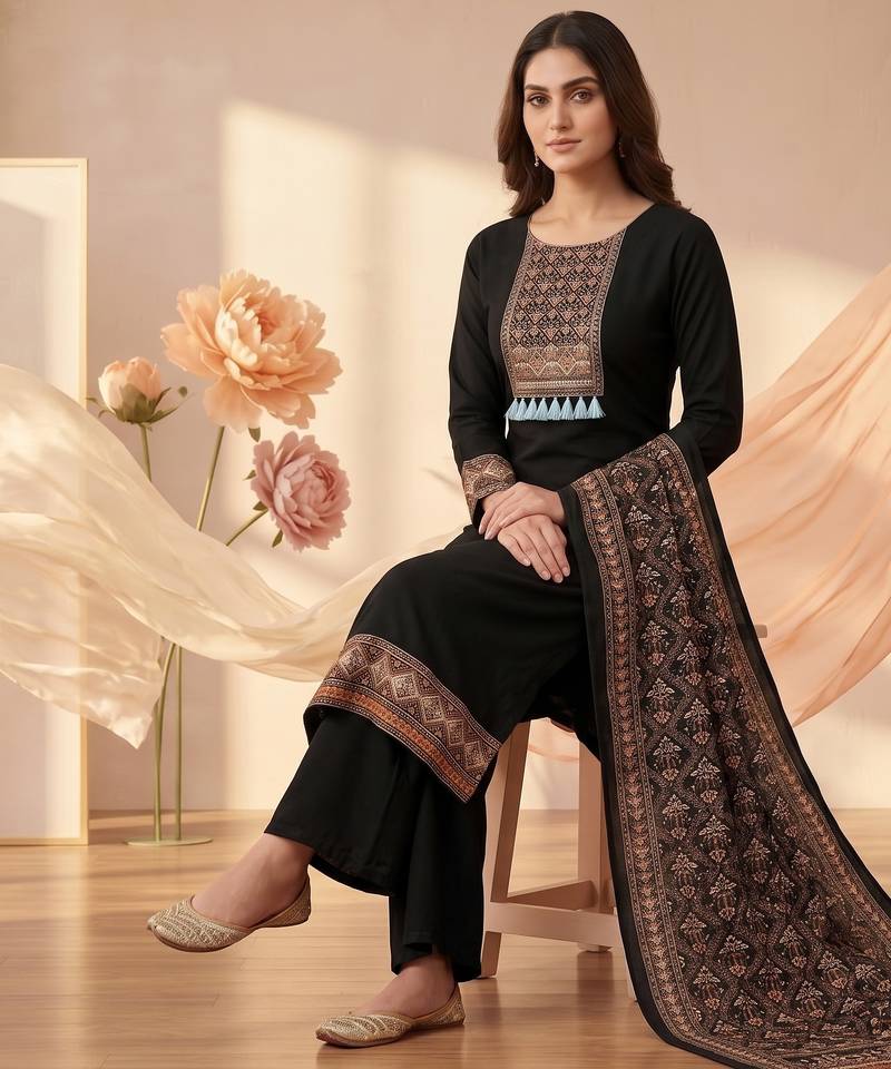 women's black unstitched reyon cotton dress material with printed dupatta