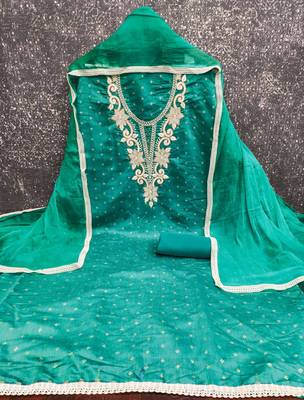 women's sea green unstitched butti cotton dress material with fancy border dupatta 3