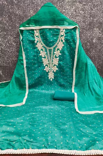 women's sea green unstitched butti cotton dress material with fancy border dupatta