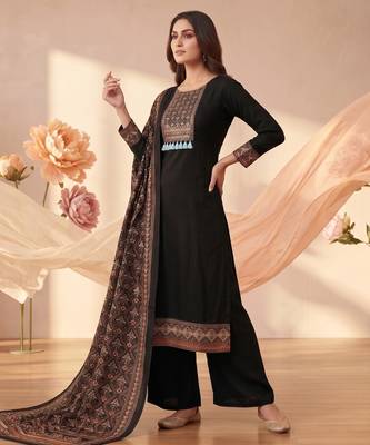 women's black unstitched reyon cotton dress material with printed dupatta 3