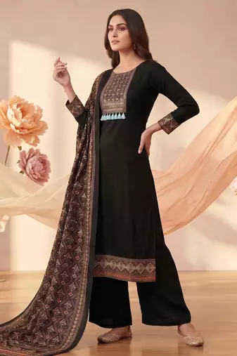 women's black unstitched reyon cotton dress material with printed dupatta