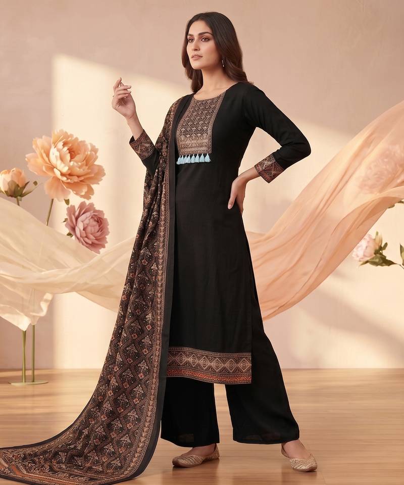 women's black unstitched reyon cotton dress material with printed dupatta