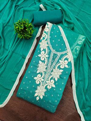 women's sea green unstitched butti cotton dress material with fancy border dupatta 4