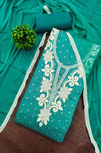 women's sea green unstitched butti cotton dress material with fancy border dupatta
