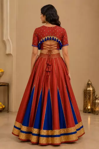 red silk blend embroidered zari work ghagra choli