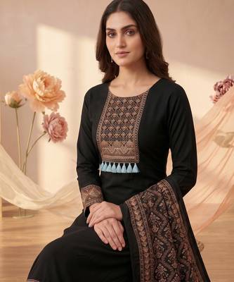 women's black unstitched reyon cotton dress material with printed dupatta 4