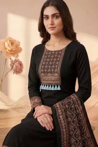 women's black unstitched reyon cotton dress material with printed dupatta