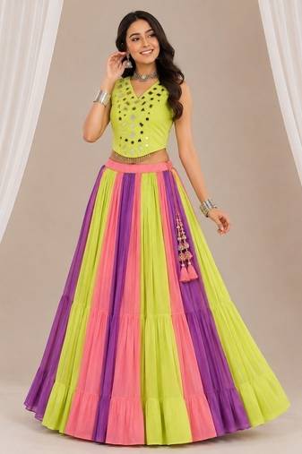 multicolor cotton embroidered mirror work ghagra choli