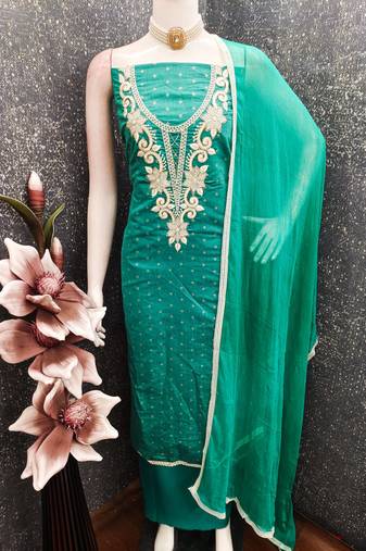 women's sea green unstitched butti cotton dress material with fancy border dupatta