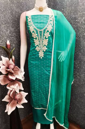 women's sea green unstitched butti cotton dress material with fancy border dupatta