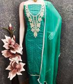 women's sea green unstitched butti cotton dress material with fancy border dupatta